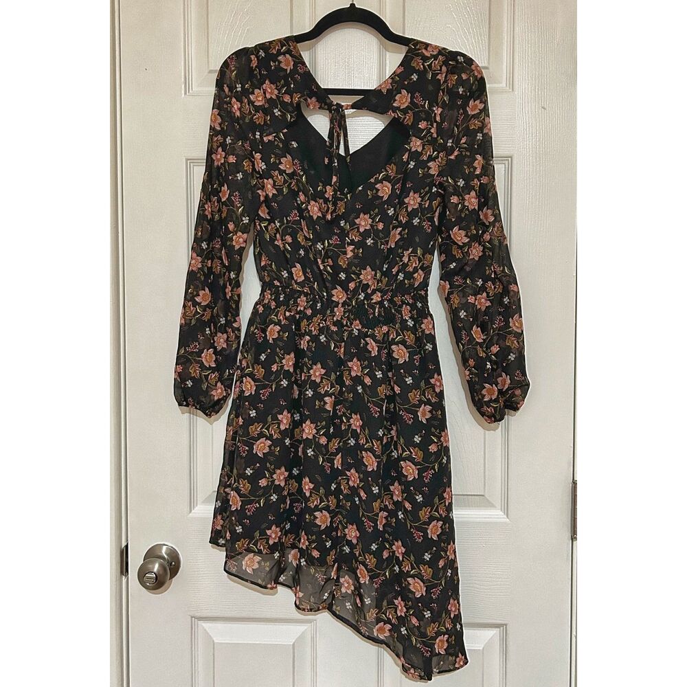 J.O.A. Dress Black Floral Small Party Holiday Long Puffed Sleeves Asymmetrical